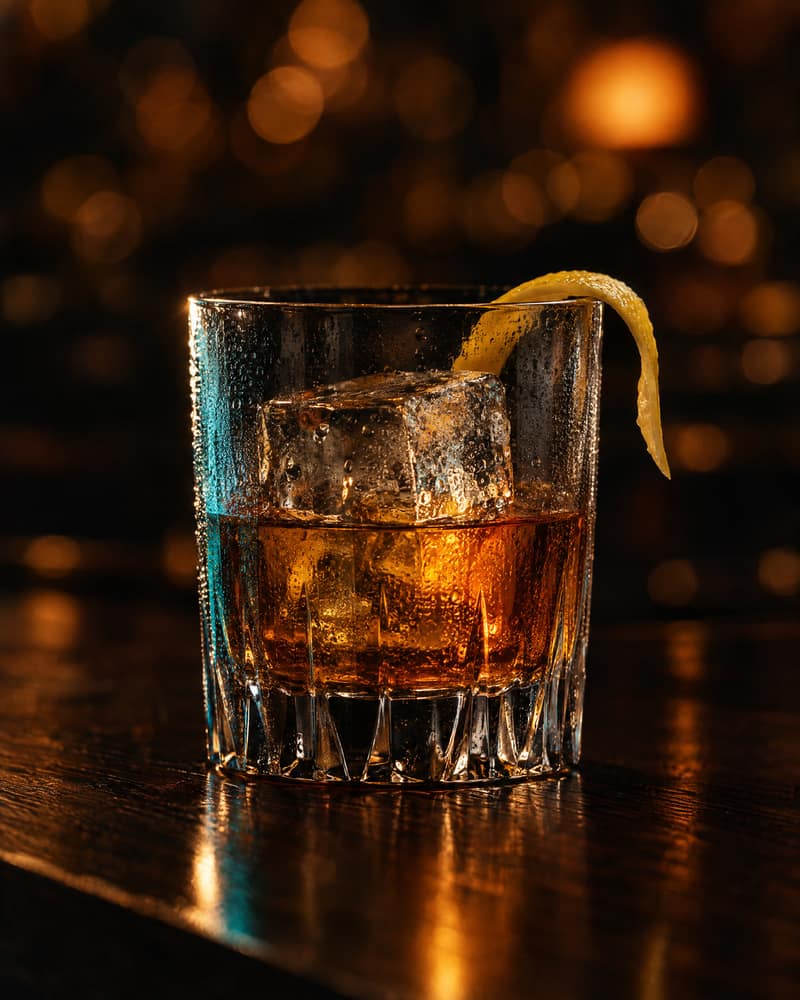 Ein Tumbler mit Eiswürfeln, bernsteinfarbenem Drink und Zitruszeste auf dunklem Tresen, dahinter warme Lichtpunkte.